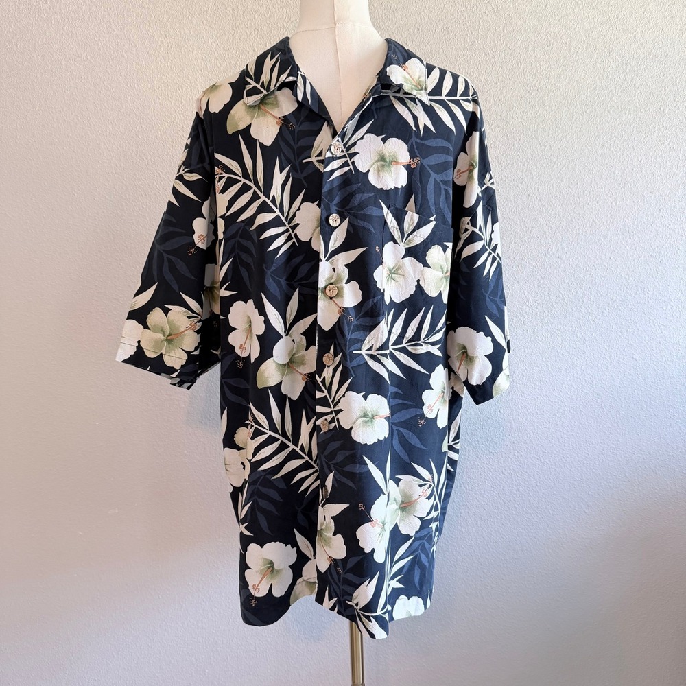 Paradise Blue Mens Large Silk Hawaiian Shirt Hibiscus Floral Navy Blue Aloha